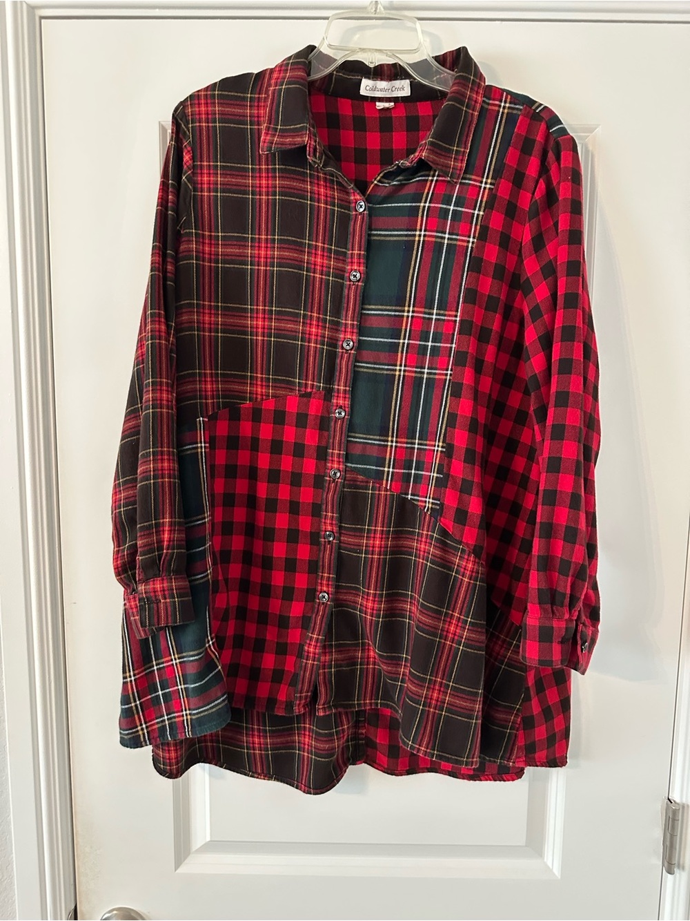 Coldwater Creek Patchwork Plaid Shirt Tunic Red Black Tartan Buffalo Check